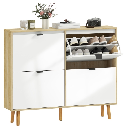 HOMCOM Narrow Shoe Cabinet, Modern High Gloss Shoe Storage Cabinet with 4 Flip Drawers, Adjustable Shelves and Wood Legs for Entryway, Hallway, Holds