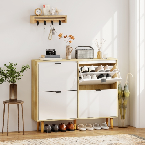 HOMCOM Narrow Shoe Cabinet, Modern High Gloss Shoe Storage Cabinet with 4 Flip Drawers, Adjustable Shelves and Wood Legs for Entryway, Hallway, Holds