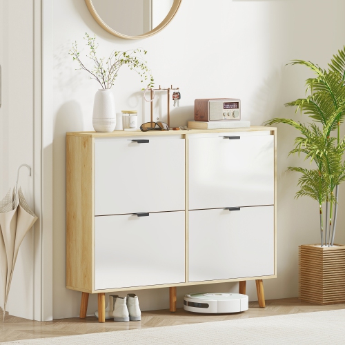 HOMCOM Narrow Shoe Cabinet, Modern High Gloss Shoe Storage Cabinet with 4 Flip Drawers, Adjustable Shelves and Wood Legs for Entryway, Hallway, Holds