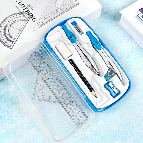 Geometry Set – 10-Piece Kit with Compass, Protractor, Rulers, Pencil, Eraser, Sharpener & More – Full Drawing Set for Students with Accurate Tools