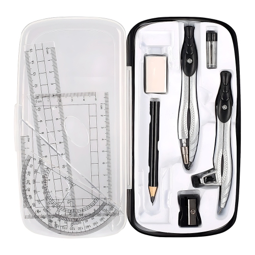 Geometry Set – 10-Piece Kit with Compass, Protractor, Rulers, Pencil, Eraser, Sharpener & More – Full Drawing Set for Students with Accurate Tools