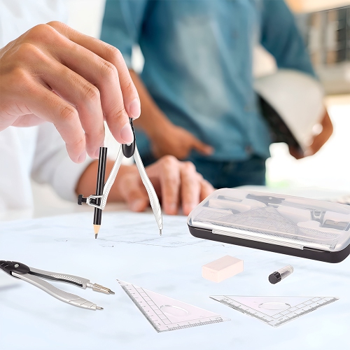 Geometry Set – 10-Piece Kit with Compass, Protractor, Rulers, Pencil, Eraser, Sharpener & More – Full Drawing Set for Students with Accurate Tools