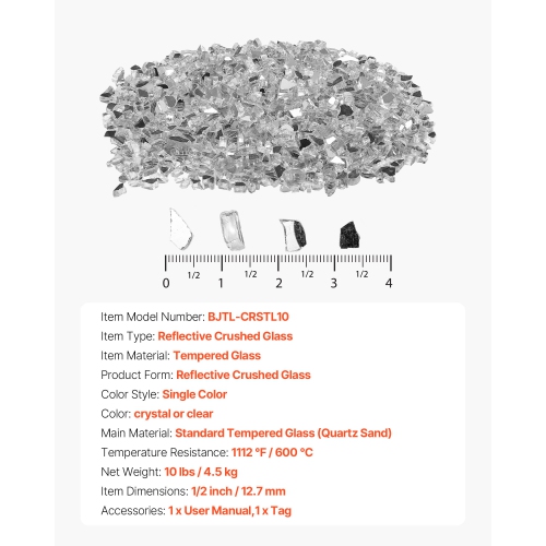 VEVOR 10 LBS / 4.5 KG Fire Glass,High-Temperature Resistant Fireplace Rocks, 1/2-Inch / 12.7 mm Reflective & Smokeless Firepit Glass Rock, High