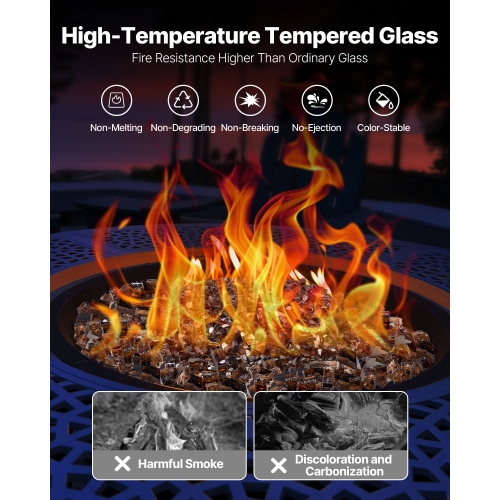 VEVOR 20 LBS/9.0 KG Fire Glass,High-Temperature Resistant Fireplace Rocks, 1/2-Inch / 12.7 mm Reflective & Smokeless Firepit Glass Rock, High Luster