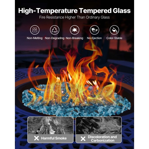 VEVOR 20 LBS / 9 KG Fire Glass, High-Temperature Resistant Fireplace Rocks, 1/2-Inch / 12.7 mm Reflective & Smokeless Firepit Glass Rock, High Luster