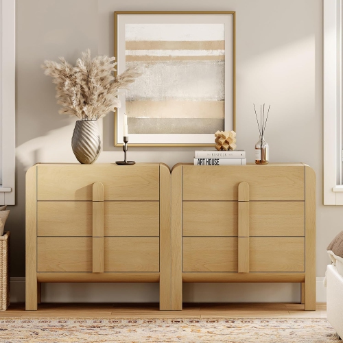 WAMPAT 2 in 1 6 Drawer Dresser for Bedroom, 63" Mid Century Modern Wide Chest of Drawer, Wood Closet Dresser TV Stand with Curved Edge Handles for