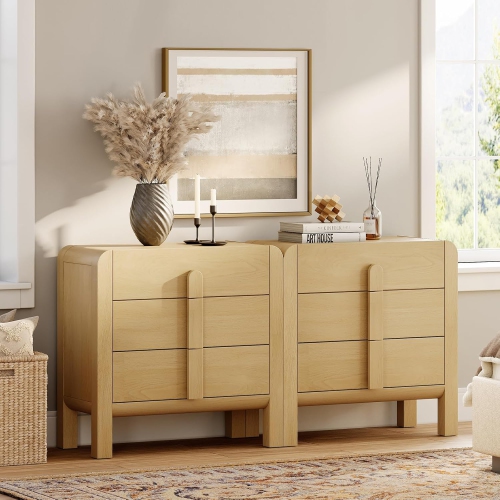 WAMPAT 2 in 1 6 Drawer Dresser for Bedroom, 63" Mid Century Modern Wide Chest of Drawer, Wood Closet Dresser TV Stand with Curved Edge Handles for