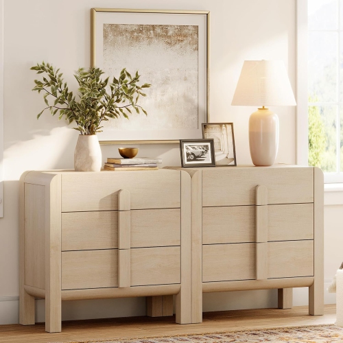 WAMPAT  2-In-1 6 Drawer Dresser for Bedroom, 63" Mid Century Modern Wide Chest Of Drawer, Wood Closet Dresser Tv Stand \w Curved Edge Handles For