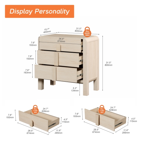 WAMPAT 2-in-1 6 Drawer Dresser for Bedroom, 63" Mid Century Modern Wide Chest of Drawer, Wood Closet Dresser TV Stand with Curved Edge Handles for