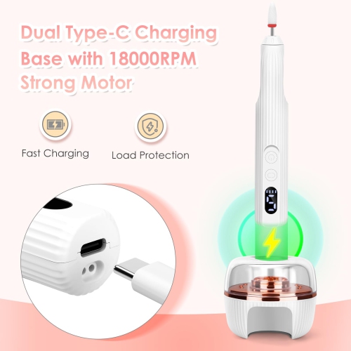 3 in 1 Cordless Electric Nail File, 18000 RPM 5-Speed Adjustable Electric Nail Drill Built-in Nail Lamp Professional Electric Nail Drill