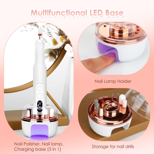 3 in 1 Cordless Electric Nail File, 18000 RPM 5-Speed Adjustable Electric Nail Drill Built-in Nail Lamp Professional Electric Nail Drill