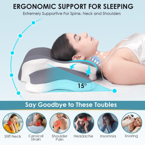 Memory Foam Pillow, 2 in 1 Cervical Pillow for Neck Pain Relief, Ergonomic Neck Support Pillows for Side Back Stomach Sleepers