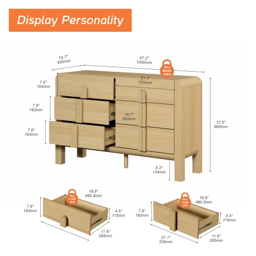WAMPAT Modern Dresser TV Stand for TVs Up to 55 inches, 47.2" W Farmhouse Entertainment Center with 6 Drawers, Media Console Table TV Cabinet for