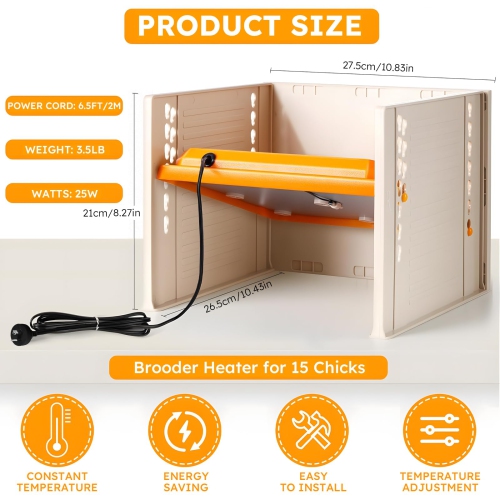 Chaleur Brooder pour les poussoirs, plaque chauffante à trois côtés résistant au vent de 25&nbsp;W avec hauteur et angle réglables, 26.5 *