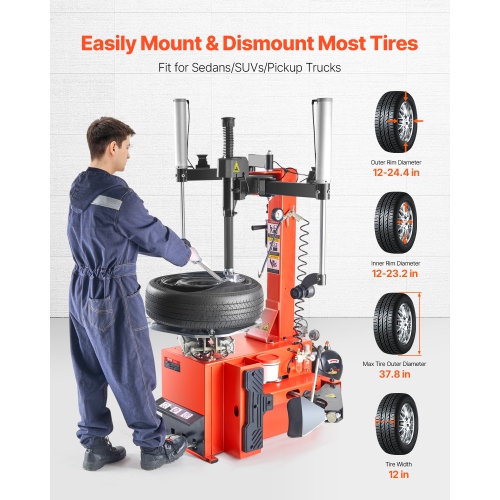 VEVOR 1.5HP Tire Changer Machine, Copper Motor, Durable with Air Pressure Gauge & Pneumatic Assist Arm, Pedal Operated Changer with Thickened Chuck,