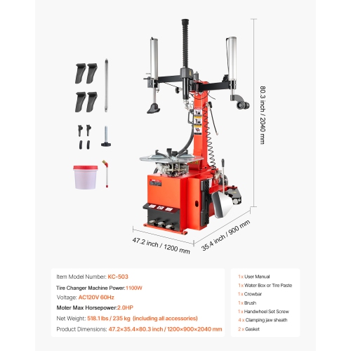 VEVOR 1.5HP Tire Changer Machine, Copper Motor, Durable with Air Pressure Gauge & Pneumatic Assist Arm, Pedal Operated Changer with Thickened Chuck,
