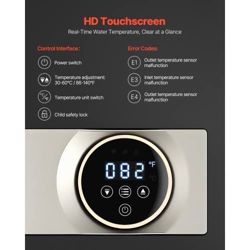 VEVOR 27kW Tankless Electric Water Heater, Instant Hot Water Heater Under Sink, On Demand for Kitchen, Office with LCD Touch Screen, Child Security