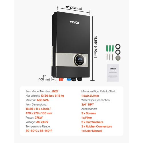 VEVOR 27kW Tankless Electric Water Heater, Instant Hot Water Heater Under Sink, On Demand for Kitchen, Office with LCD Touch Screen, Child Security