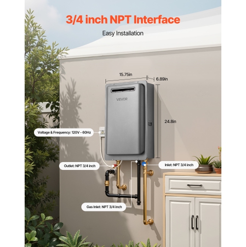 VEVOR 8Gal Gas Tankless Water Heater, Outdoor 191000 BTU Instant Hot Water Heater, Smart Temperature Control & 3/4 inch NPT Interface& Multiple