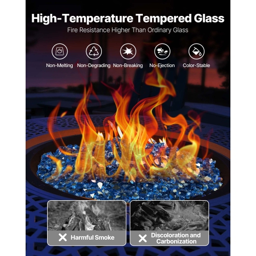 VEVOR 10LBS/4.5KG Fire Glass, High-Temperature Resistant Fireplace Rocks, 1/2In/12.7mm Reflective+Smokeless Firepit Glass Rock, Stone Landscaping for