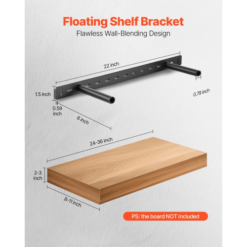 VEVOR 2 Pcs Floating Shelf Brackets, 150 lbs/68 kg Weight Capacity, 22x6.2x1.5 inch, Heavy Duty Hidden Shelf Brackets Support, Wall Mounting