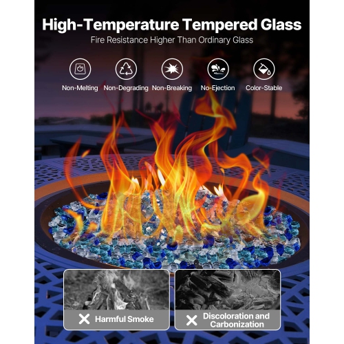 VEVOR 10LBS/4.5KG Fire Glass, Fireplace Rocks, 1/2In/12.7mm Reflective Firepit Glass Rock, High Luster+Smokeless Stone Landscaping for Fire Pit