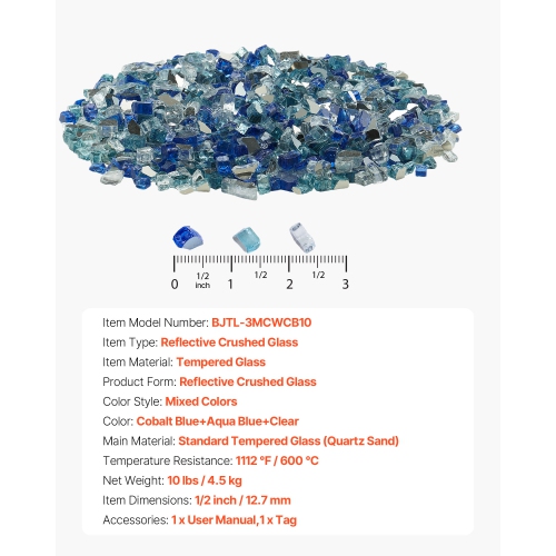 VEVOR 10LBS/4.5KG Fire Glass, Fireplace Rocks, 1/2In/12.7mm Reflective Firepit Glass Rock, High Luster+Smokeless Stone Landscaping for Fire Pit