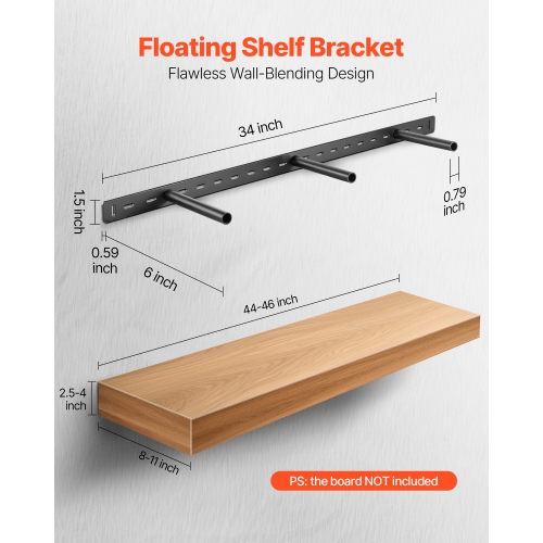 VEVOR 1 Pack Floating Shelf Bracket, 190 lbs/86 kg Weight Capacity, 34x6.2x1.5 inch, Heavy Duty Hidden Shelf Brackets Support, Wall Mounting