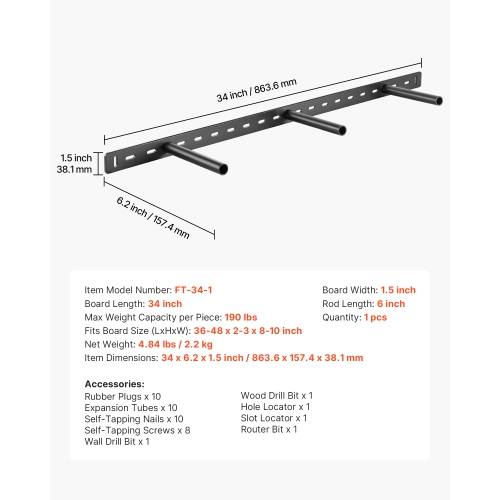 VEVOR 1 Pack Floating Shelf Bracket, 190 lbs/86 kg Weight Capacity, 34x6.2x1.5 inch, Heavy Duty Hidden Shelf Brackets Support, Wall Mounting