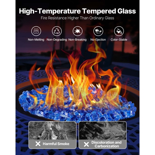 VEVOR 20LBS/9KG Fire Glass, High-Temperature Resistant Fireplace Rocks, 1/2In/12.7mm Reflective & Smokeless Firepit Glass Rock, Stone Landscaping for