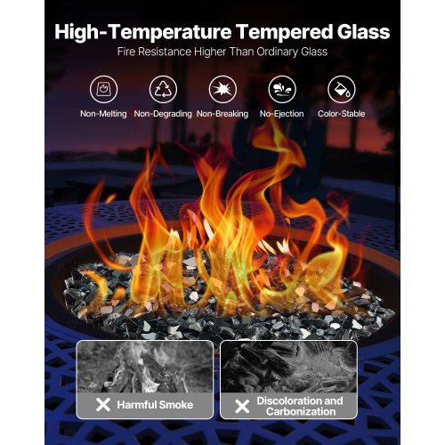 VEVOR 20LBS/9KG Fire Glass, High-Temperature Resistant Fireplace Rocks, 1/2In/12.7mm Reflective & Smokeless Firepit Glass Rock, Stone Landscaping for