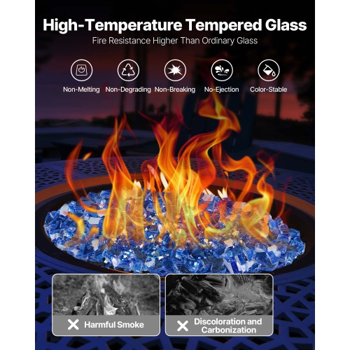 VEVOR 10LBS/4.5KG Fire Glass, High-Temperature Resistant Fireplace Rocks, 1/4 In/6.35mm Reflective+Smokeless Firepit Glass Rock, Stone Landscaping