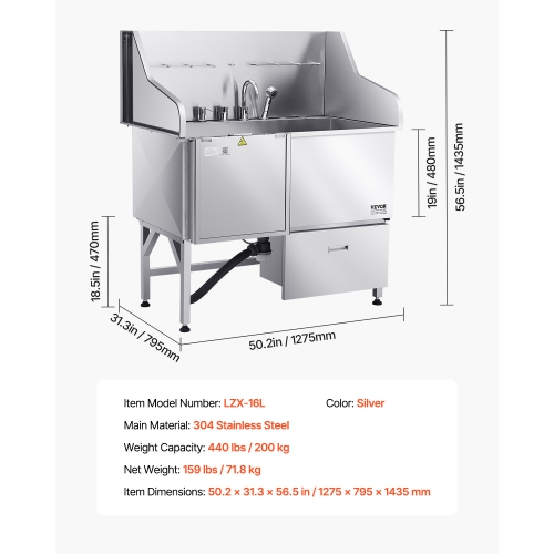 VEVOR 50-inch Stainless Steel Dog Washing Station, Pet Grooming Tub w/ Ramp, Faucet & Showerhead & Soap Holder Leash Dog Bathtub for Large & Medium &