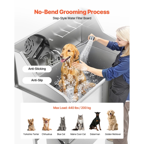 Station de lavage pour chiens en acier inoxydable de 50&nbsp;po VEVOR, baignoire pour poils d'animaux avec rampe, robinet, pomme de douche et