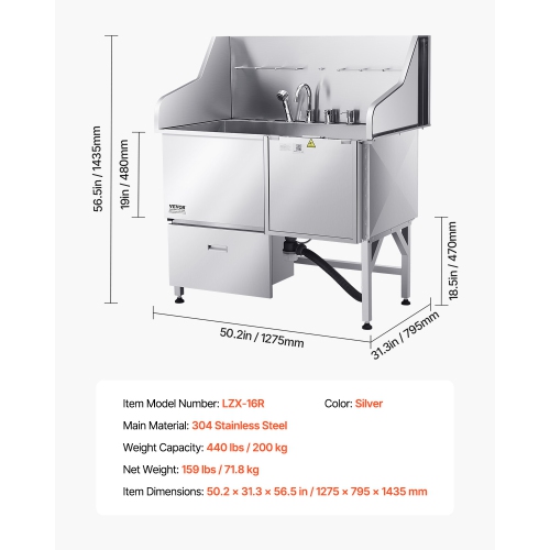 Station de lavage pour chiens en acier inoxydable de 50&nbsp;po VEVOR, baignoire pour poils d'animaux avec rampe, robinet, pomme de douche et