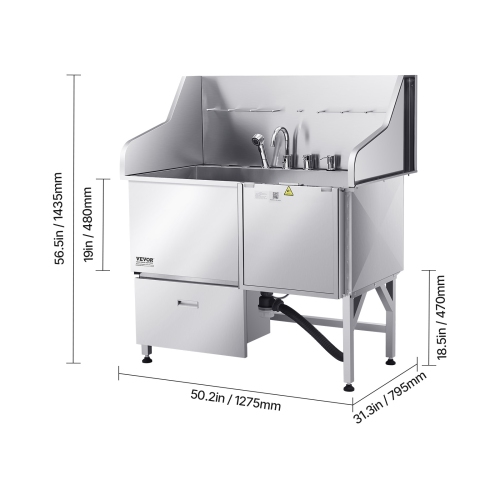 Station de lavage pour chiens en acier inoxydable de 50&nbsp;po VEVOR, baignoire pour poils d'animaux avec rampe, robinet, pomme de douche et