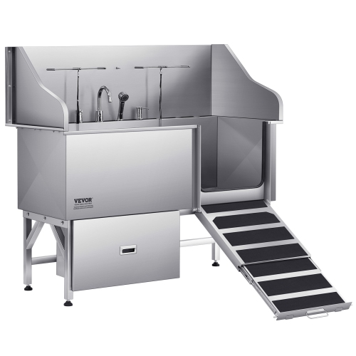 VEVOR  61-Inch Stainless Steel Dog Washing Station, Pet Grooming Tub W/ Ramp, Water Filter Board, Faucet & Showerhead & Leash Bathtub for Large &