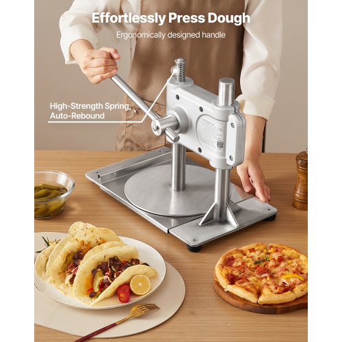 VEVOR 9.5-inch Manual Pizza Dough Press Machine, Pizza Pastry Press Plate, Stainless Steel Presser, Commercial Chapati Sheet Crust Maker, with Handle