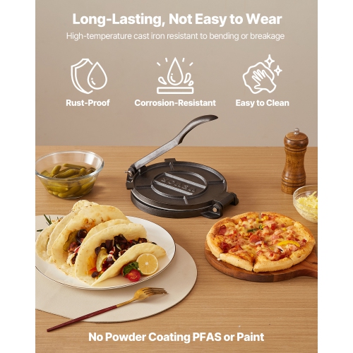 VEVOR 8-Inch Tortilla Press, Cast Iron Tortilla and Roti Maker, Heavy Duty Tortilladora Press, Pataconera Makers with Handle and 100 Pcs Parchment