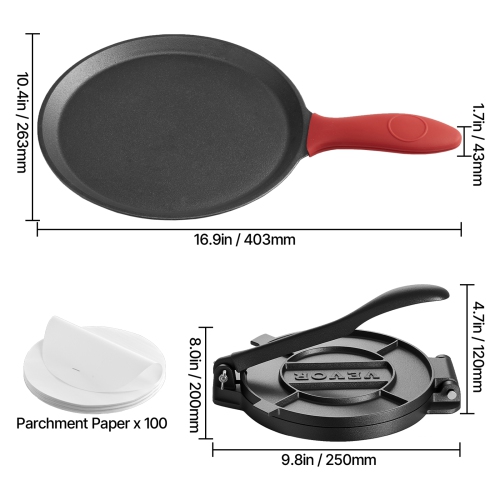 VEVOR 8-Inch Tortilla Press, Cast Iron Tortilla and Roti Maker, Heavy Duty Tortilladora Press, Pataconera Makers with Handle and 100 Pcs Parchment