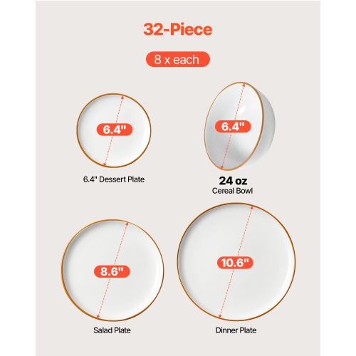 VEVOR 8 People Dinnerware Set, Round Plates and Bowls Sets, Scratch Resistant Ceramic Dinner Ware, Dishwasher and Microwave Suitable Kitchen Dishes,