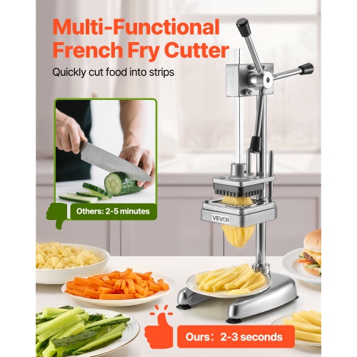 VEVOR Commercial French Fry Cutter, Stainless Steel Vegetable Fruit Chopper with 3 Replacement Blades 1/2-Inch 3/8-Inch 1/4-Inch, Manual Potato