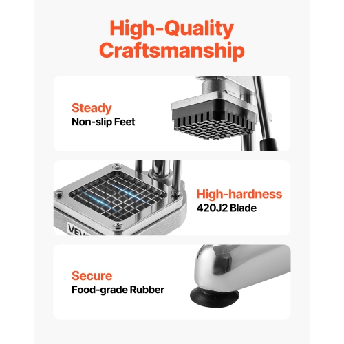 VEVOR Commercial French Fry Cutter, Stainless Steel Vegetable Fruit Chopper with 3 Replacement Blades 1/2-Inch 3/8-Inch 1/4-Inch, Manual Potato