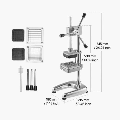 VEVOR Commercial French Fry Cutter, Stainless Steel Vegetable Fruit Chopper with 3 Replacement Blades 1/2-Inch 3/8-Inch 1/4-Inch, Manual Potato