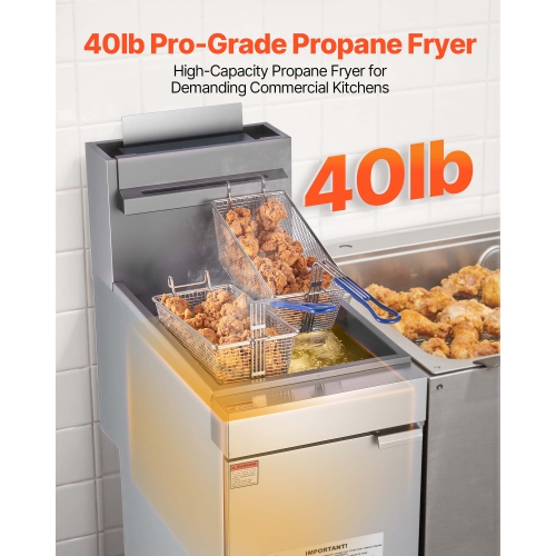 Friteuse commerciale VEVOR 90&nbsp;000&nbsp;BTU, friteuse à 3 brûleurs pour restaurants, plancher en acier inoxydable, deux paniers et température