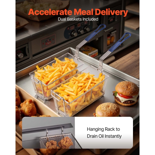 Friteuse commerciale VEVOR 90&nbsp;000&nbsp;BTU, friteuse à 3 brûleurs pour restaurants, plancher en acier inoxydable, deux paniers et température