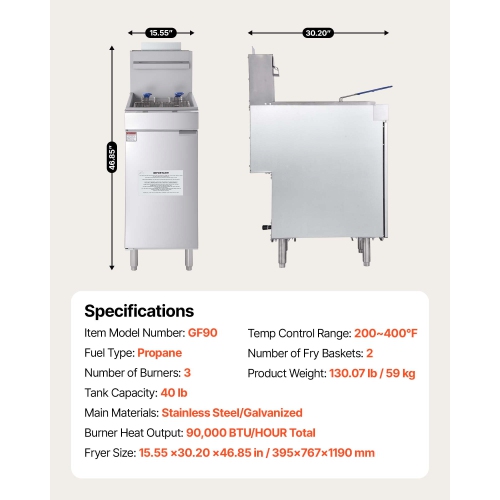 Friteuse commerciale VEVOR 90&nbsp;000&nbsp;BTU, friteuse à 3 brûleurs pour restaurants, plancher en acier inoxydable, deux paniers et température
