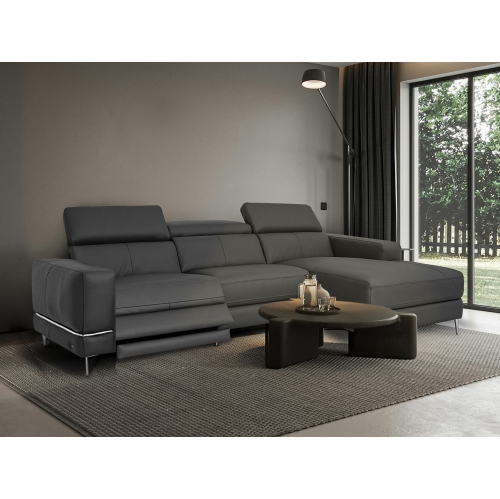 Luxana Home Sofa Lounge 3-Seater Right Chase Premium Leather Sculpted High-Density Foam Cushions Chrome-Finished Metal Legs Recliner Modern– Grey