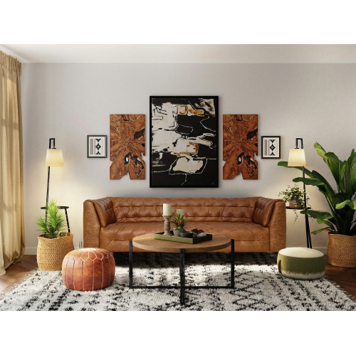 Luxana Home Sofa Bed 3-seater Full Top Aniline Leather High-Density Foam Black Shining Metal Legs Modern – Brown