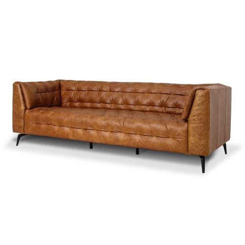 Luxana Home Sofa Bed 3-seater Full Top Aniline Leather High-Density Foam Black Shining Metal Legs Modern – Brown